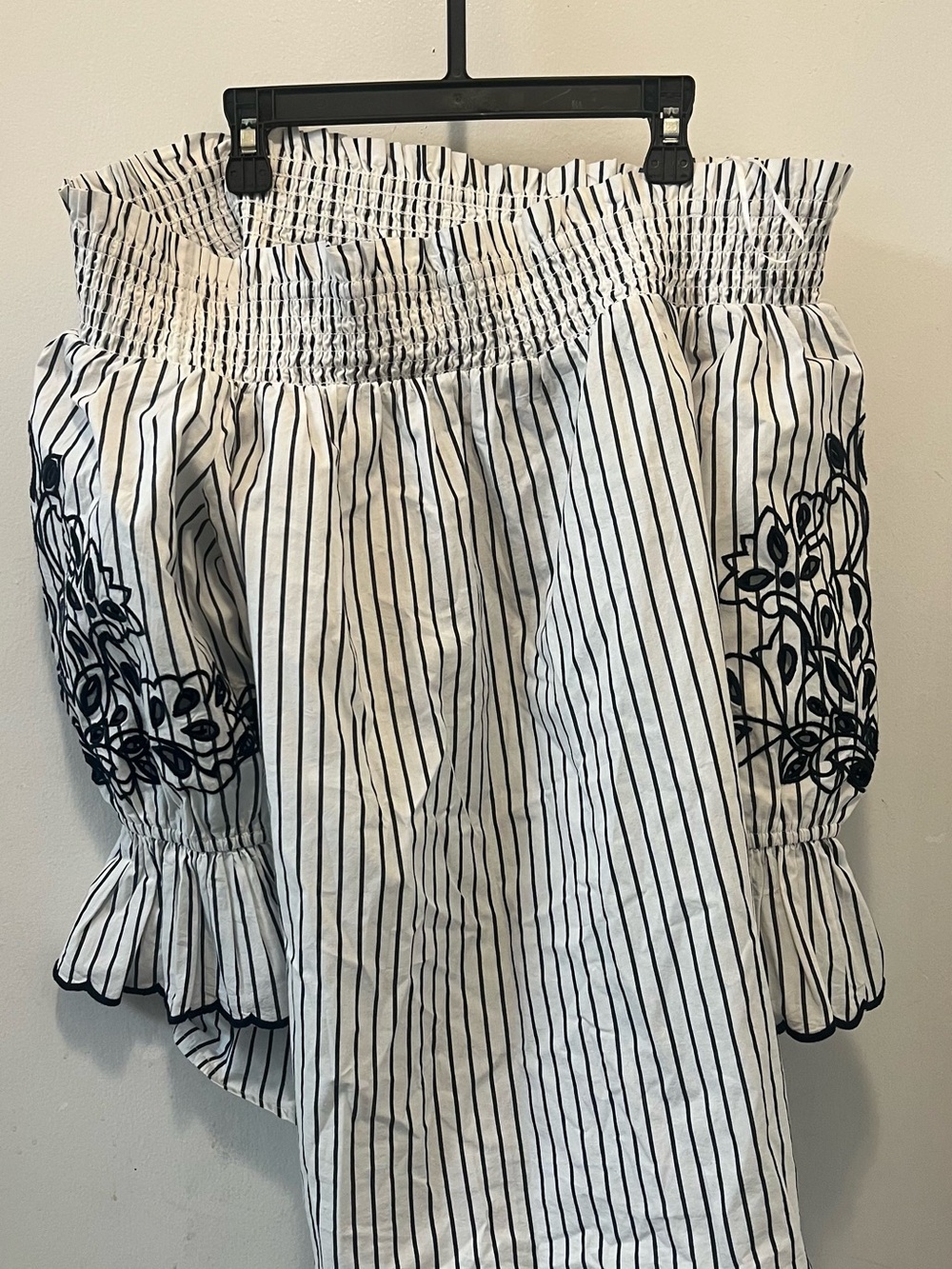 Chico's White Black Striped Off-Shoulder Embroidered Top